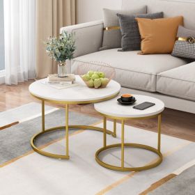 27.6in Nesting Coffee Table Set of 2, Round Coffee Table Wood Marble Pattern Top with Sturdy Metal Frame, End Table Side Tables for Living Room B (Option: White+Gold)